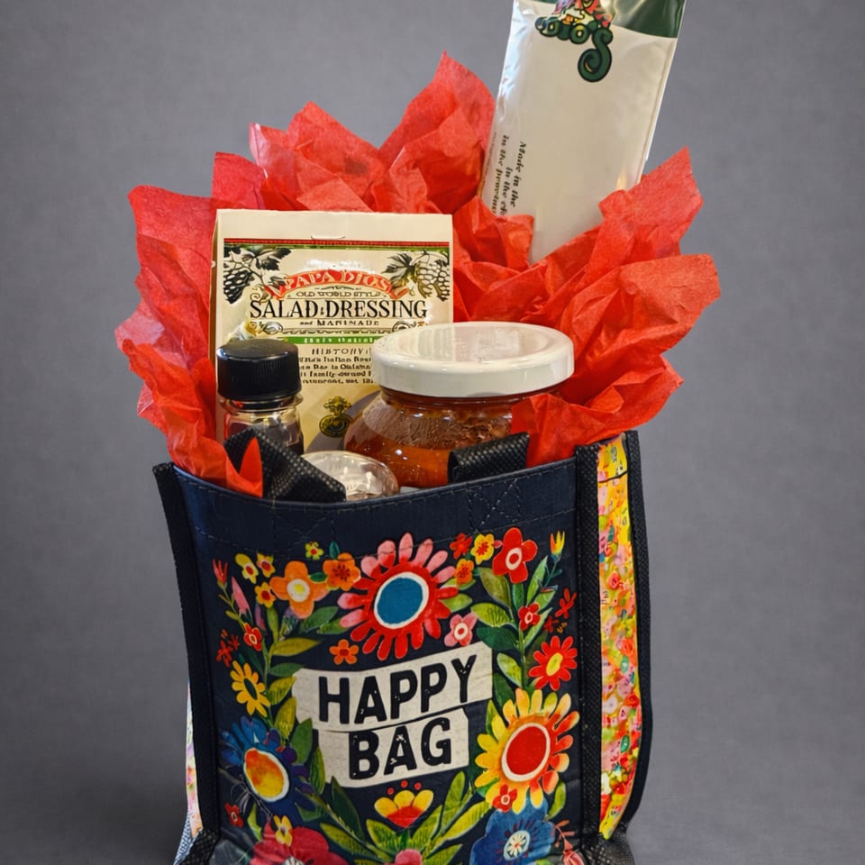 Papa Dio’s Happy Bag filled with pantry gifts.