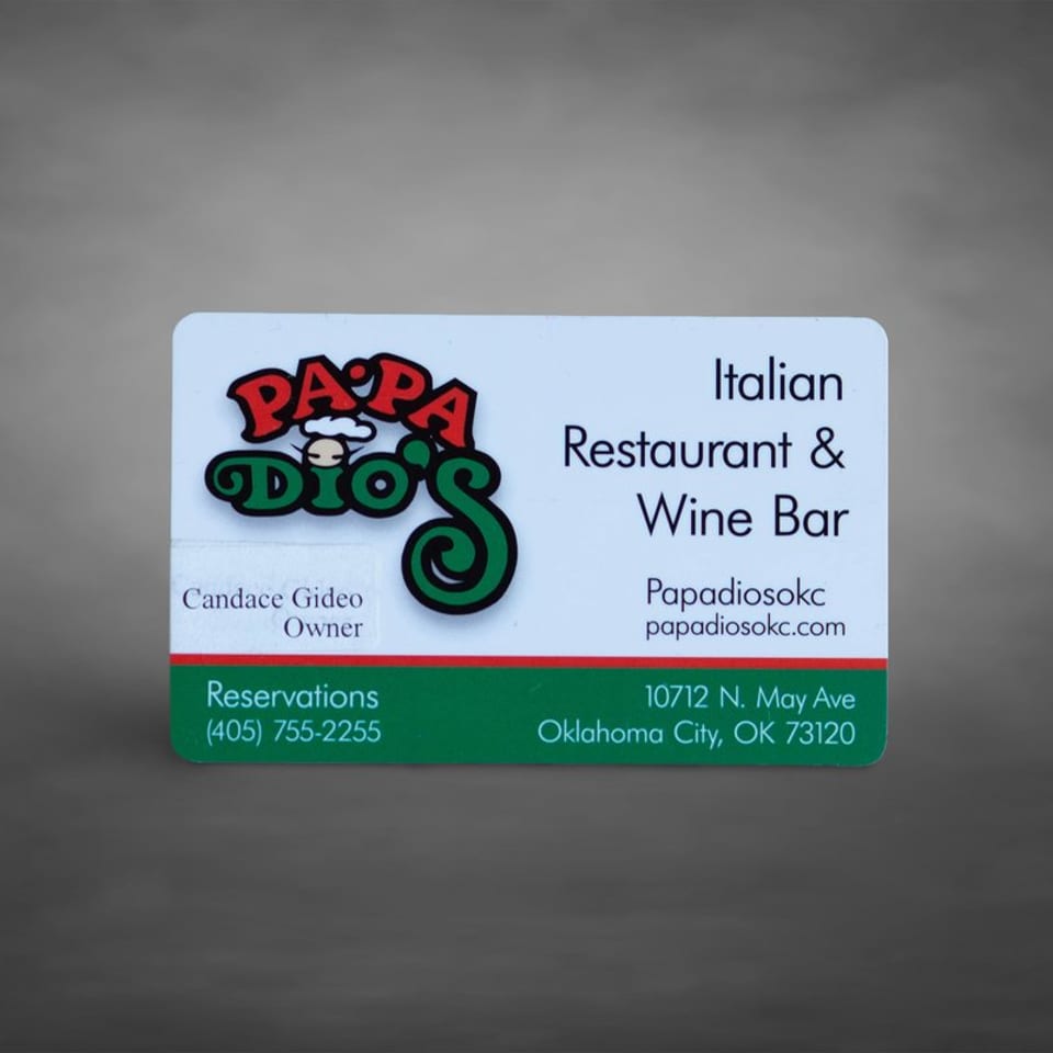 Papa Dio’s restaurant and wine bar card.