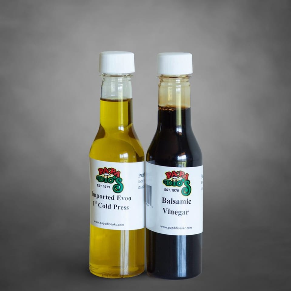 Papa Dio’s olive oil and balsamic vinegar bottles.