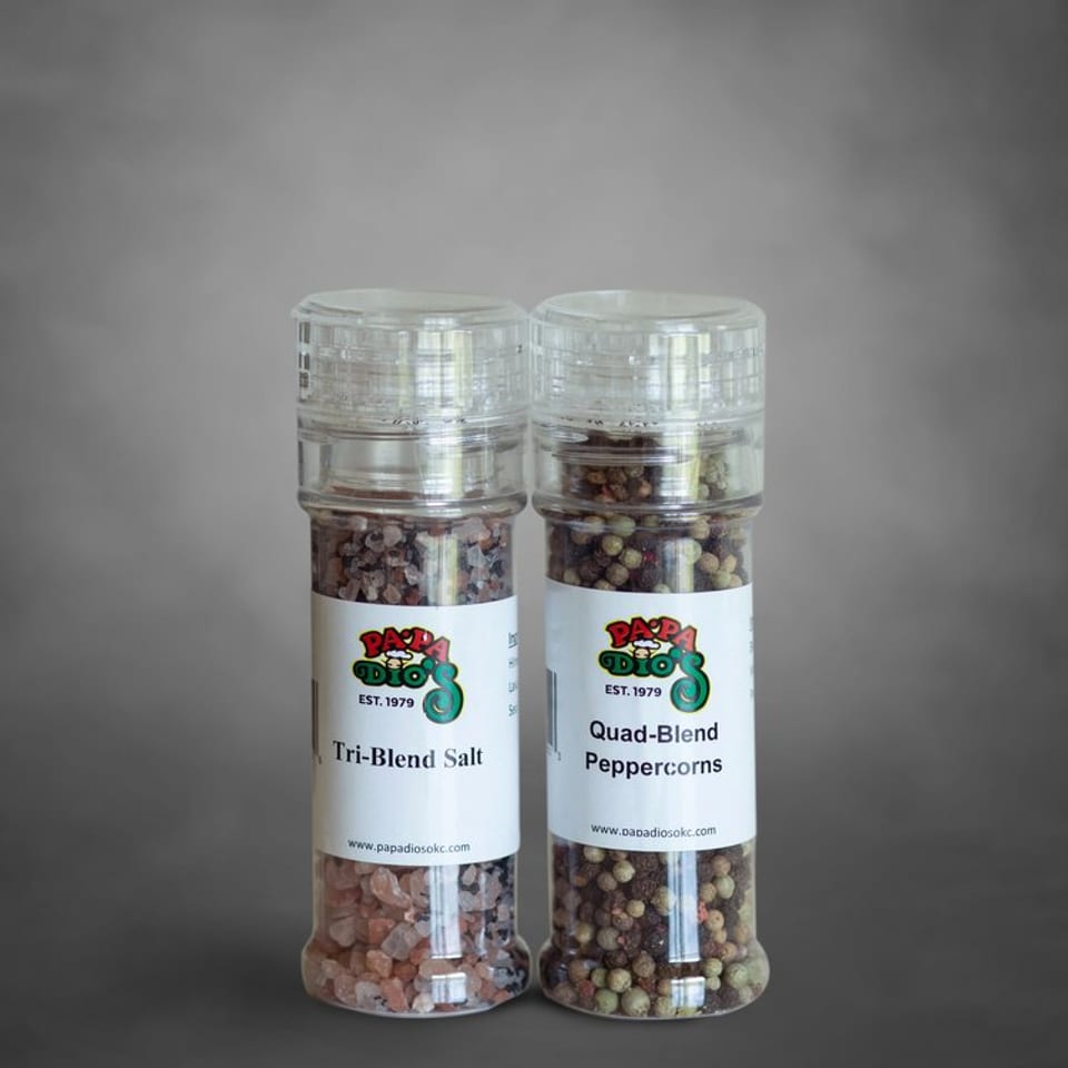 Papa Dio’s Tri-Blend Salt and Quad-Blend Peppercorns.